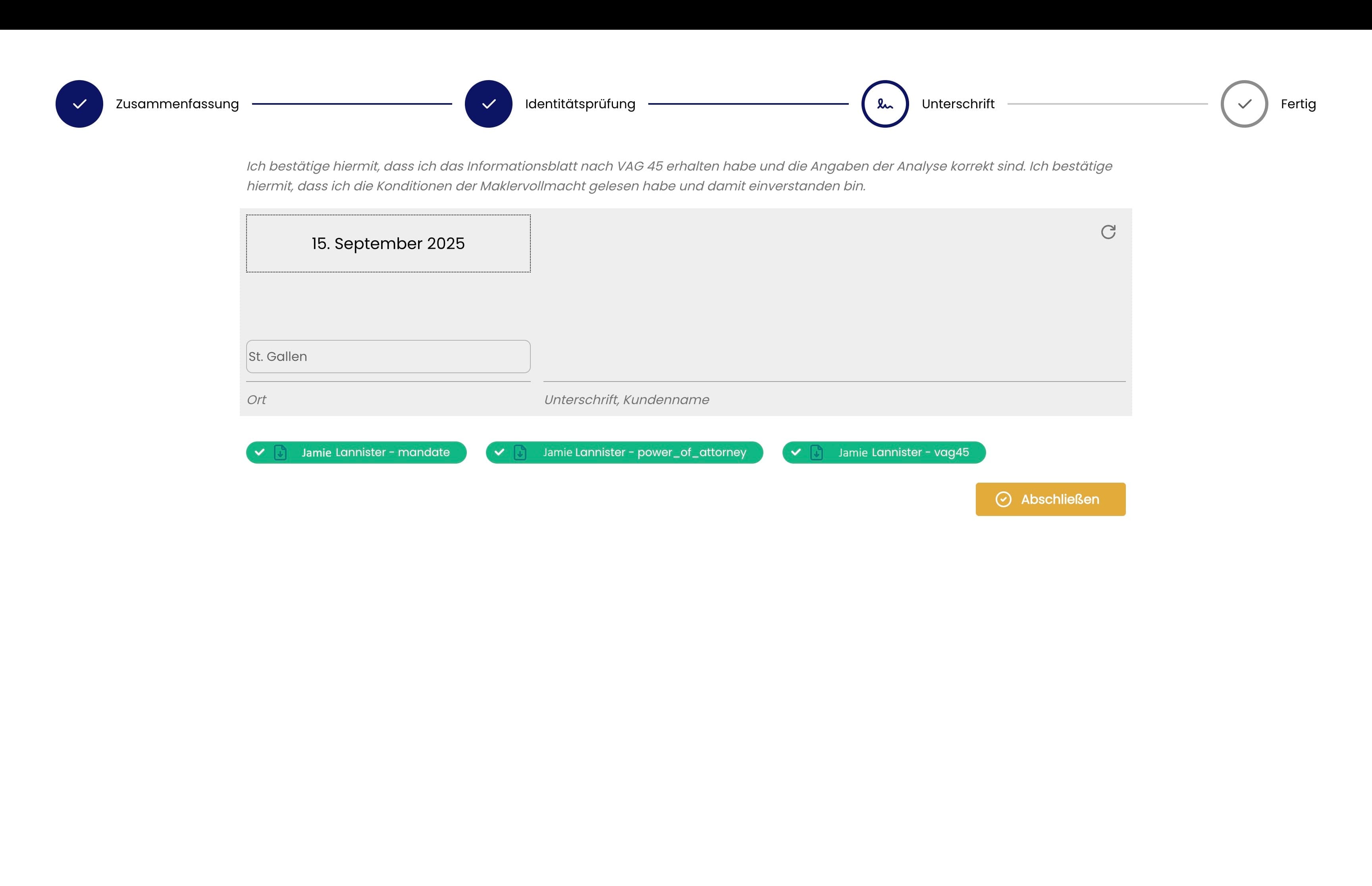 Beendete Analyse mit Dokumentvorschau im Signaturprozess