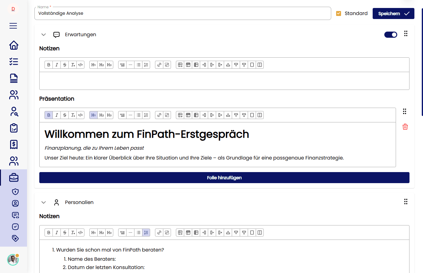 Analysevorlagen Verwaltung in Finly für benutzerdefinierte Präsentationsfolien und Notizen.
